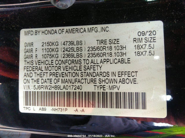 2020 HONDA CR-V EX-L VIN: 5J6RW2H89LA017240