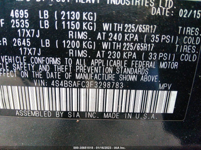 2015 SUBARU OUTBACK 2.5I PREMIUM VIN: 4S4BSAFC3F3298783