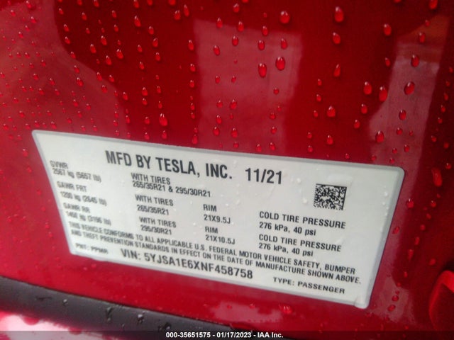 2022 Tesla Model S, VIN: 5YJSA1E6XNF458758