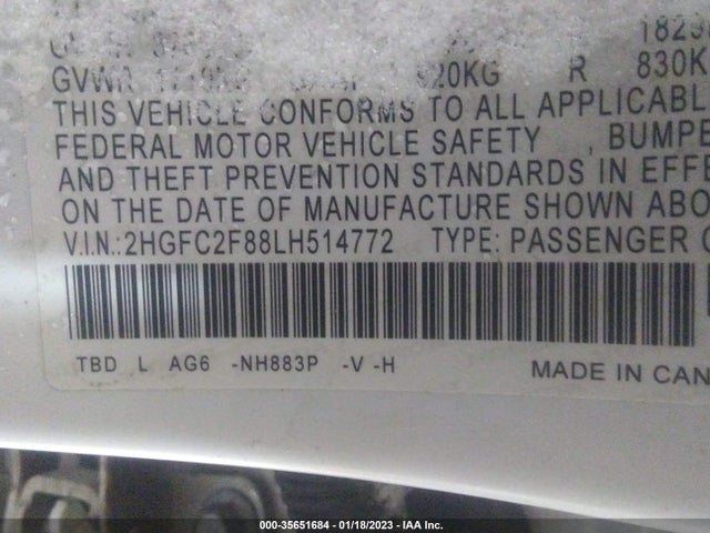 2020 HONDA CIVIC SEDAN SPORT VIN: 2HGFC2F88LH514772