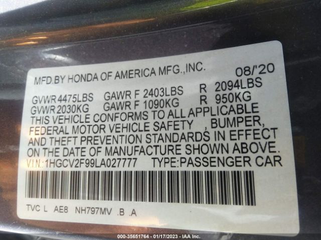 1HGCV2F99LA027777 Honda Accord Sedan Touring