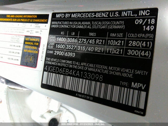 2019 MERCEDES-BENZ GLE AMG GLE 43 VIN: 4JGED6EB4KA133098
