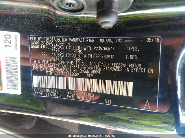2016 Toyota Sienna, VIN: 5TDYK3DC4GS743092