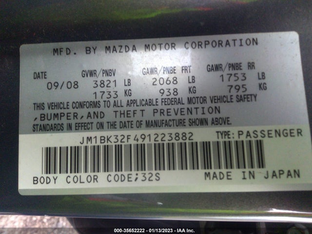 2009 MAZDA MAZDA3 I TOURING VALUE VIN: JM1BK32F491223882