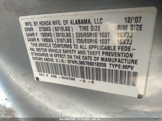 2008 HONDA ODYSSEY EX-L VIN: 5FNRL38678B018209