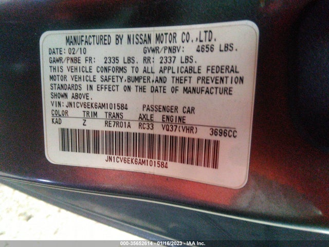 2010 INFINITI G37 COUPE ANNIVERSARY EDITION VIN: JN1CV6EK6AM101584