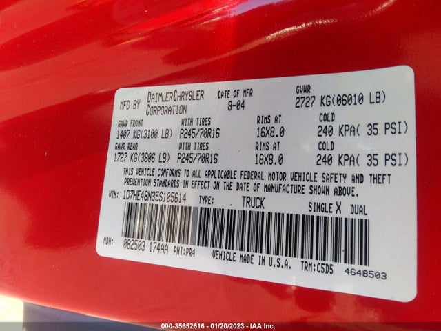 Dodge DAKOTA SLT 2005 1D7HE48N35S105614 Image 10