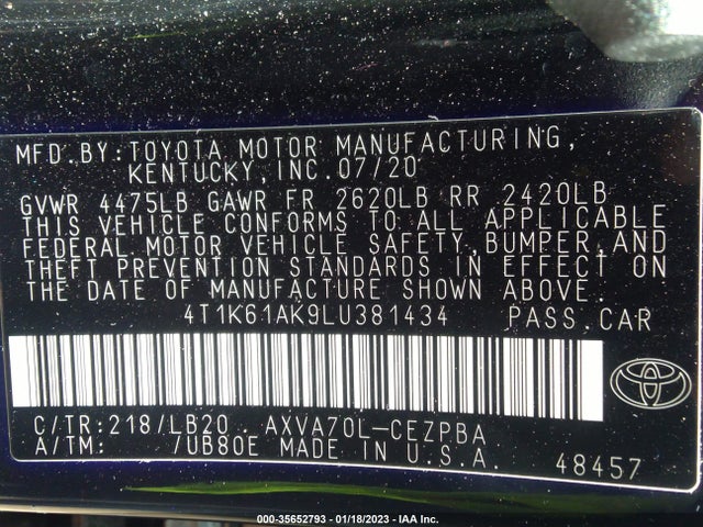 2020 Toyota Camry, VIN: 4T1K61AK9LU381434
