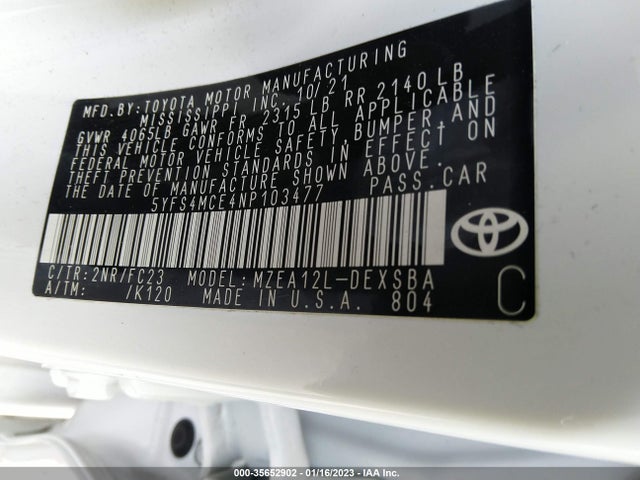 2022 Toyota Corolla, VIN: 5YFS4MCE4NP103477