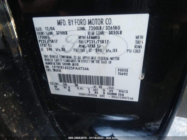 2005 FORD F-150 XLT/FX4/LARIAT/XL VIN: 1FTPX14525FA47346