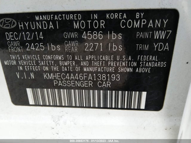 2015 HYUNDAI SONATA HYBRID VIN: KMHEC4A46FA138193