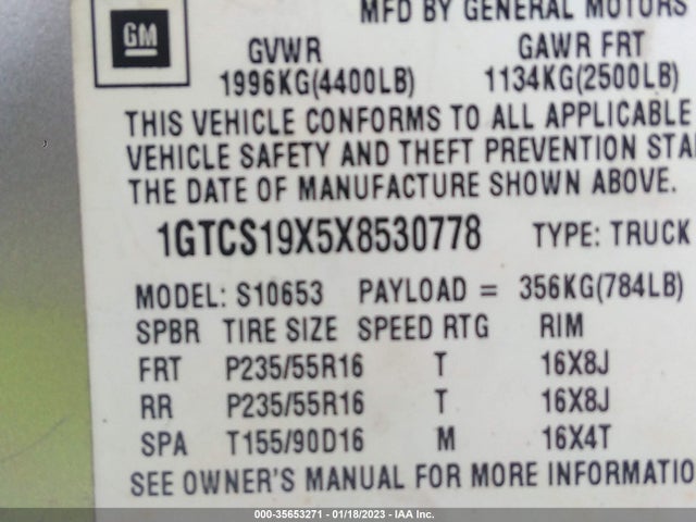 1999 GMC SONOMA SLS VIN: 1GTCS19X5X8530778
