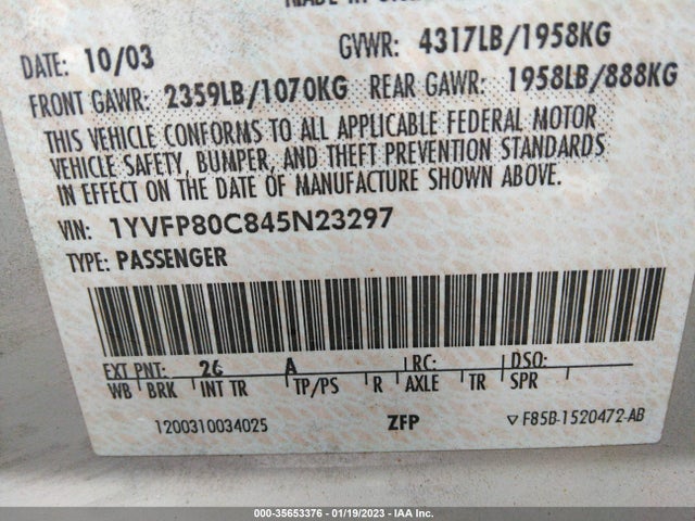 2004 MAZDA MAZDA6 I VIN: 1YVFP80C845N23297