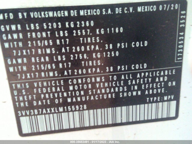 3VV3B7AXXLM155928 Volkswagen Tiguan Se/sel/se R-line Black
