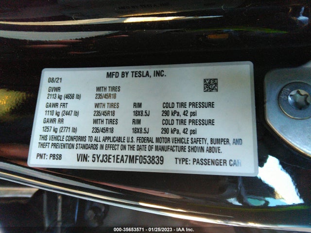 Tesla Model 3 Standard Range Plus 2021 5YJ3E1EA7MF053839 Image 9