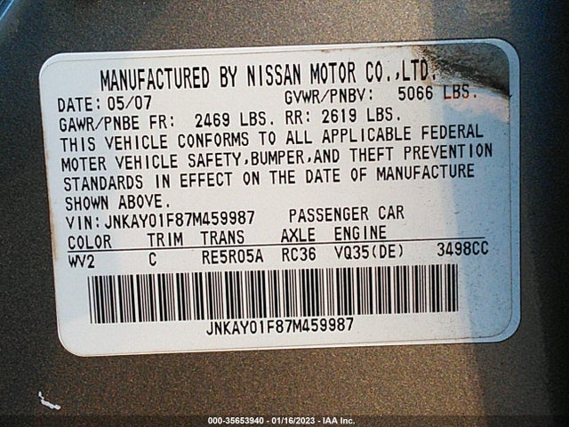 2007 INFINITI M35 X VIN: JNKAY01F87M459987
