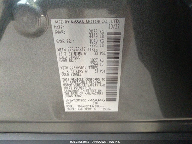 2016 Nissan Rogue, VIN: 5N1AT2MT8GC749046