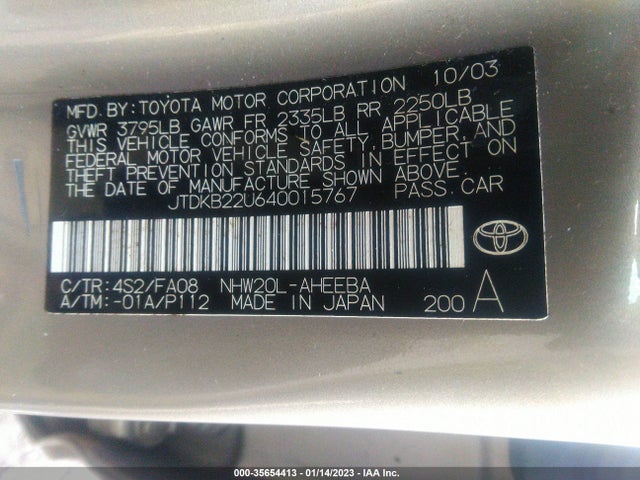 2004 TOYOTA PRIUS VIN: JTDKB22U640015767