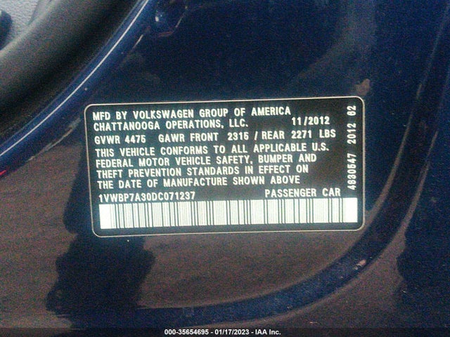2013 VOLKSWAGEN PASSAT SE W/SUNROOF VIN: 1VWBP7A30DC071237
