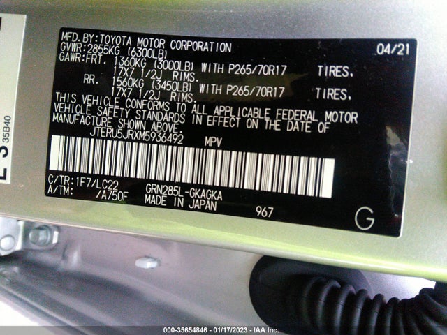 2021 TOYOTA 4RUNNER TRD OFF ROAD PREMIUM VIN: JTERU5JRXM5936492
