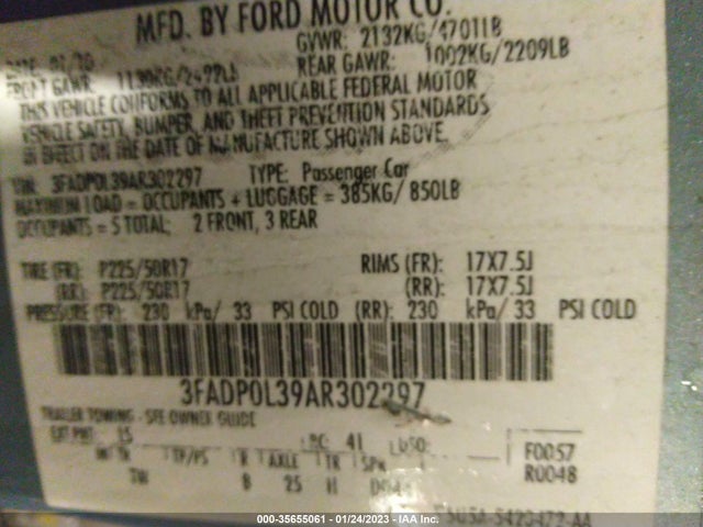 2010 FORD FUSION HYBRID VIN: 3FADP0L39AR302297
