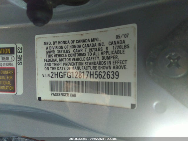2007 HONDA CIVIC CPE EX VIN: 2HGFG12817H562639