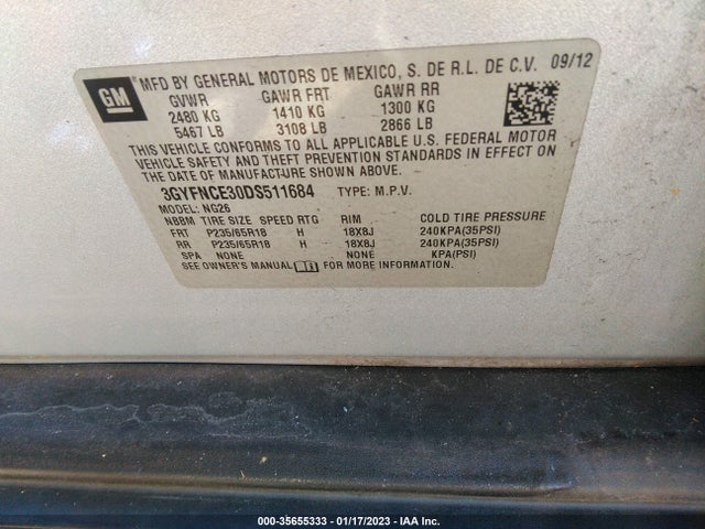 3GYFNCE30DS511684 Cadillac Srx Luxury Collection