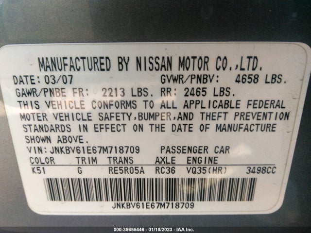 2007 INFINITI G35 SEDAN JOURNEY VIN: JNKBV61E67M718709