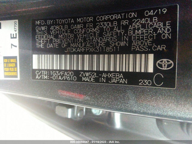 2019 Toyota Prius, VIN: JTDKARFPXK3118511