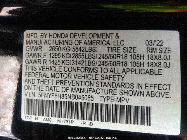 2022 Honda Pilot, VIN: 5FNYF6H85NB045085