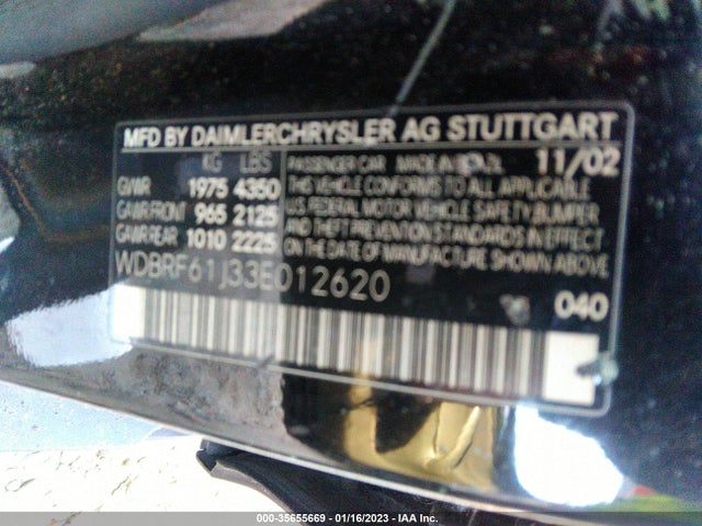2003 MERCEDES-BENZ C-CLASS 2.6L VIN: WDBRF61J33E012620