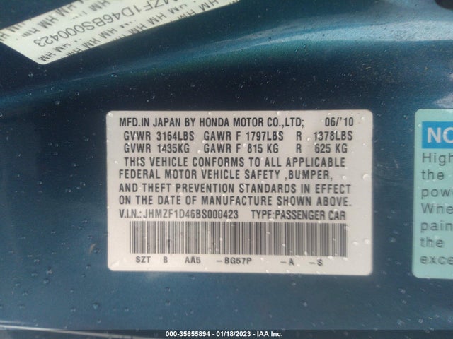 Honda CR-Z 2011 JHMZF1D46BS000423 Image 10
