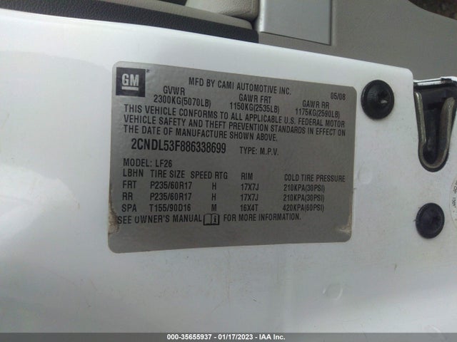 2008 CHEVROLET EQUINOX LT VIN: 2CNDL53F886338699