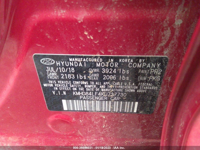 2019 HYUNDAI ELANTRA SEL VIN: KMHD84LF4KU737730