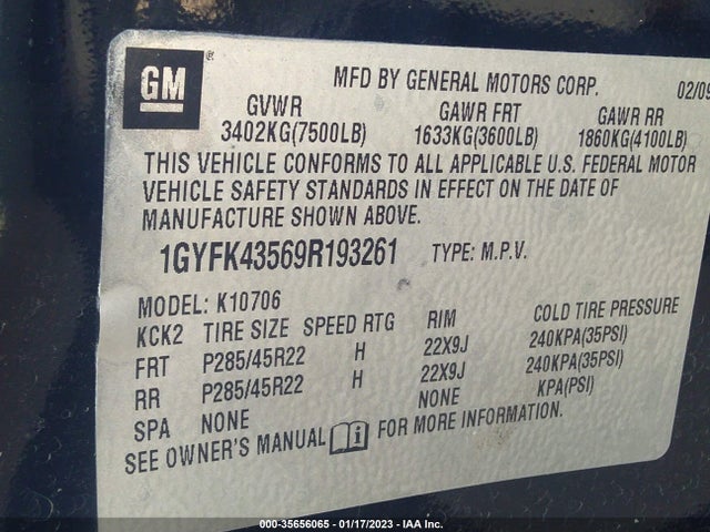 2009 CADILLAC ESCALADE HYBRID VIN: 1GYFK43569R193261