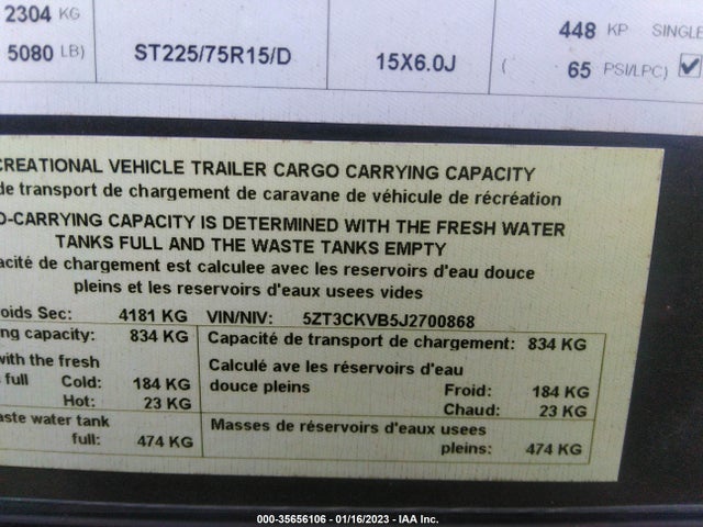 2018 FORR ARCTIC VIN: 5ZT3CKVB5J2700868