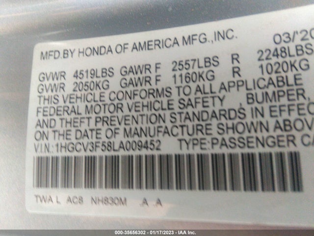 2020 HONDA ACCORD HYBRID EX-L VIN: 1HGCV3F58LA009452