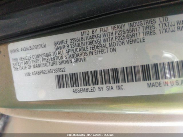 4S4BP62C667338822 Subaru Legacy Wagon Outback 2.5i Ltd