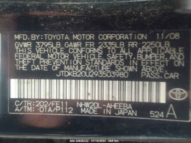 2009 TOYOTA PRIUS VIN: JTDKB20U293503980
