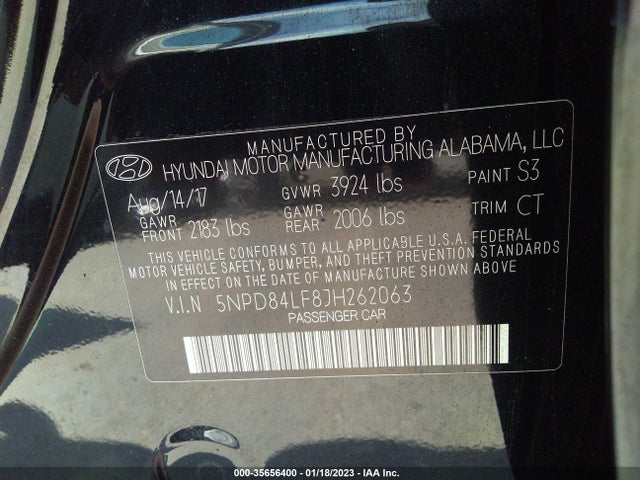 2018 HYUNDAI ELANTRA SEL VIN: 5NPD84LF8JH262063