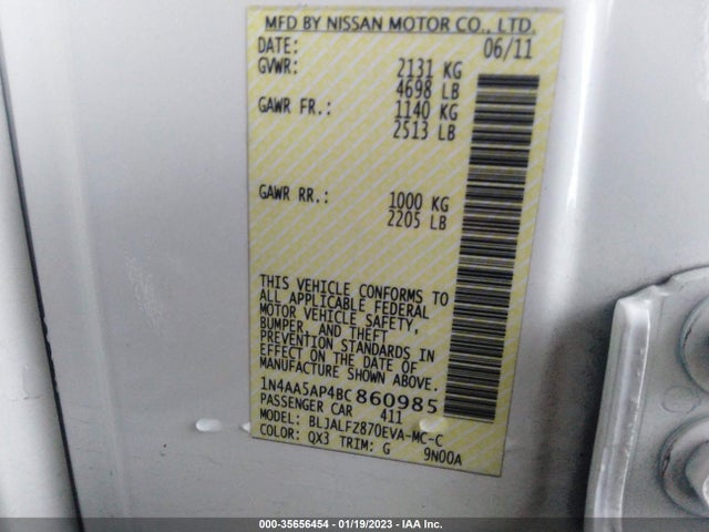2011 NISSAN MAXIMA 3.5 SV W/PREMIUM PKG VIN: 1N4AA5AP4BC860985