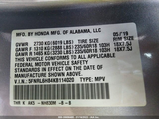 2019 HONDA ODYSSEY TOURING VIN: 5FNRL6H84KB114020