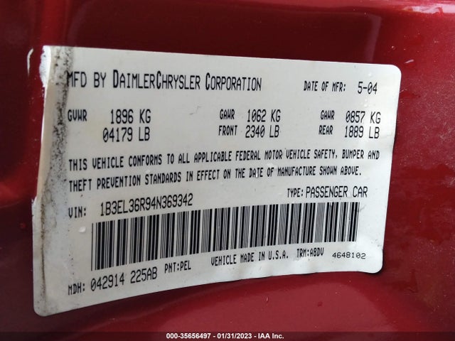 2004 DODGE STRATUS SE VIN: 1B3EL36R94N369342