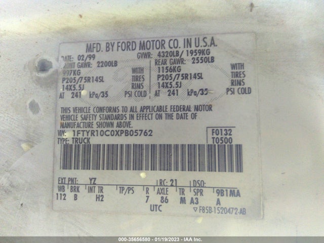 1999 FORD RANGER XL/XLT VIN: 1FTYR10C0XPB05762
