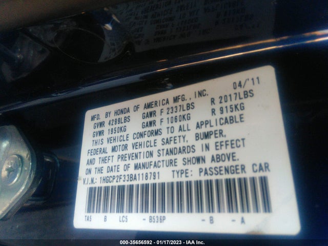 2011 HONDA ACCORD SDN LX VIN: 1HGCP2F33BA118791