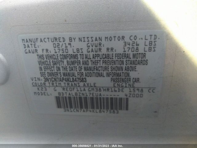3N1CN7AP4KL847583 Nissan Versa Sedan Sv