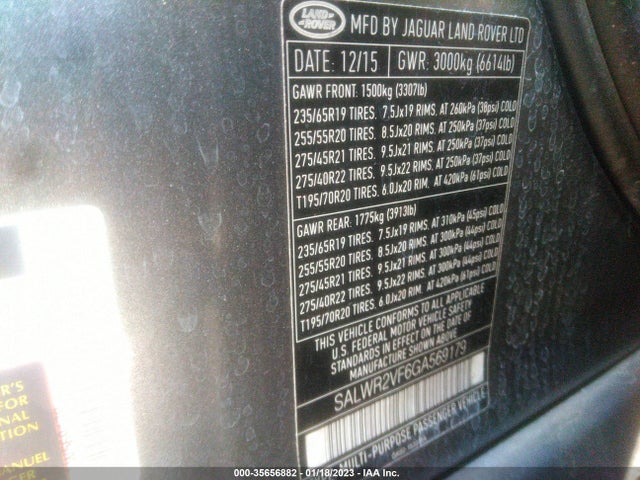 2016 Land Rover Range Rover Sport, VIN: SALWR2VF6GA569179