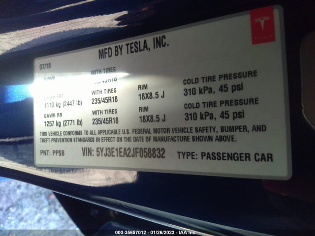 Tesla Model 3 Range Battery 2018 5YJ3E1EA2JF058832 Image 11