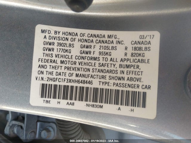 2017 HONDA CIVIC SEDAN EX-T VIN: 2HGFC1F3XHH648446