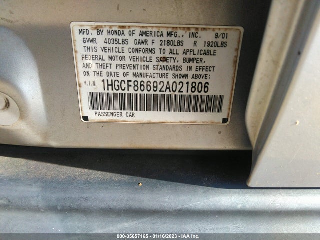 2002 HONDA ACCORD SDN VP VIN: 1HGCF86692A021806